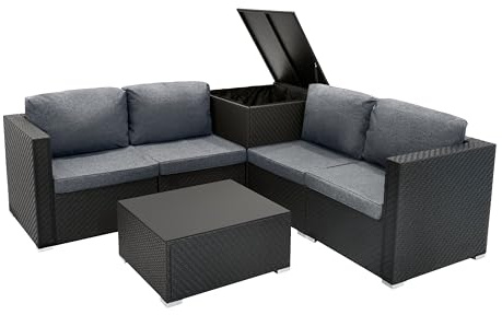Salon de Jardin en Rotin Noir 6 Pièces Canapé Modulable 4 Places Avec Coussins Table Basse Dessus en Verre Coffre de Rangement 250 L Housses Lavables Extérieur Terrasse Véranda Couverture Imperméable