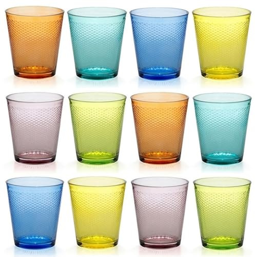 Set 12 Bicchieri in Vetro Multicolore Arcobaleno 35cl Tumbler per Acqua e Bibite con Texture a Rilievo Design Moderno Confezione Colorata per Casa Bar e Ristorazione uso Professionale.