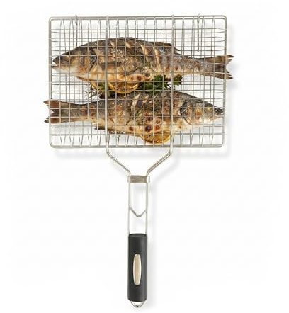Amig - Parrilla Doble para Barbacoa - 50 x 32 cm - Acero Inoxidable - Rejilla BBQ para Carne y Verduras - Mod. AM34