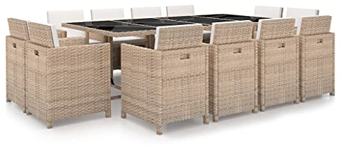 vidaXL Gartenmöbel 13-TLG. mit Auflagen Sitzgruppe Gartenset Sitzgarnitur Gartengarnitur Gartentisch Tisch Esstisch Stühle Poly Rattan Beige