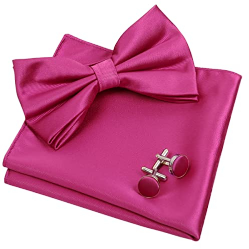 Alizeal Herren Smoking Fliege, Taschentuch und Manschettenknöpfe Set (Magenta)