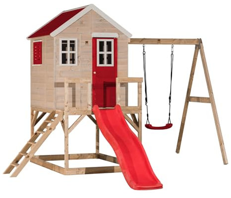 Wendi Toys M24R Stelzenhaus Kinder Outdoor mit Rutsche und Schaukel, 330 x 350 x 242 cm, Rot, FSC Holz, Klettergerüst Outdoor für Kinder 3-7 Jahre, Spielturm mit Rutsche
