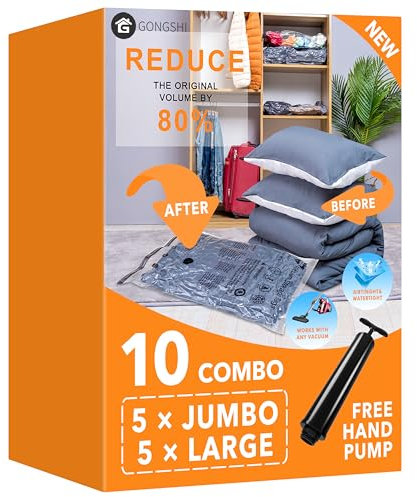 Vacuum Storage Bags (5 x Jumbo, 5 x Large), Space Saver Sealer Compression Bags with Travel Hand Pump for Blankets, Comforters, Pillows, Clothes Storage