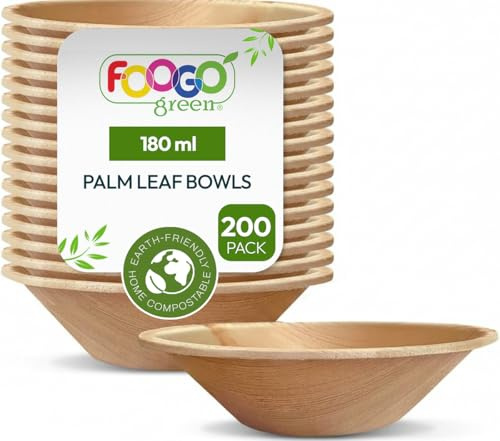 FOOGO Green 200pcs Disposable Palm Leaf Bowls 5 (12cm) Round 180ml (6oz) | For Dips, Sauce & Dessert, Eco Friendly Biodegradable Like Wooden And Paper Bowls