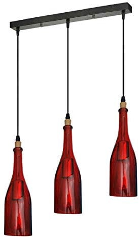 LEDSone 3 Light Vintage Industrial Colored Glass Pendant Light Wine Bottle Creative Retro Chandelier for Cafe Loft Restaurant Kitchen Island Bar Dining Room Bar (Red)