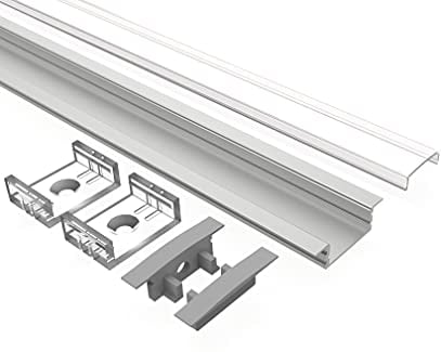 Tivendis Led Alu Profil 2 m EF Komplett Set für Strip/Streifen bis 12 mm breit | Abdeckung satiniert milchig, Endkappen | Einbau Fußleisten Flachprofil eloxiert