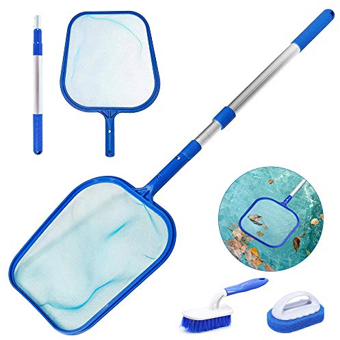 Pool Laub Skimmer, Whirlpool Reinigungsset Zubehör, Poolnetz mit 3 Wege Teleskop Reinigungsstange, Planschbecken Bürste, Scrubber Pad für Pools und Spas