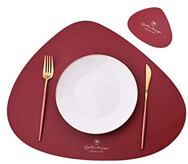 4er Set/6er Set Platzsets und Untersetzer Dreieck Oval Leder Tischset Wassertropfen Abwischbar Tischmatte Wasserdicht ölbeständig Rutschfestes Hitzebeständiges Platzsets (Rotwein,6er)