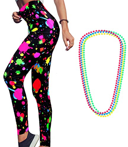 Syhood 80s Party Legging Set for Women Neon High Waisted Neon Legging 4 Pcs Necklace Dress up Costume Accessory Halloween