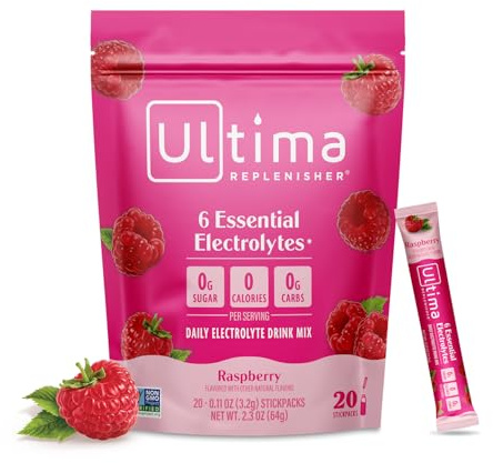 Ultima Replenisher Mezcla diaria de bebidas electrolíticas – Frambuesa, 20 paquetes de palitos – Paquetes de hidratación con 6 electrolitos clave y oligoelementos – Polvo de electrolitos apto para