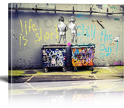 Banksy Bilder auf Leinwand Life is Short Chill Graffiti Street Art Wand Bild Pop Art Gemälde Kunstdruck Modern Wandbilder XXL Wanddekoration Mit Rahmen(120x80cm)
