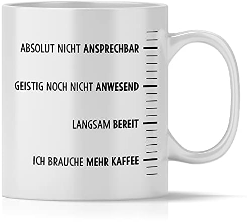mindmonkeys® Tasse mit Kaffee Skala | lustige Kaffee Sprüche Tasse Arbeit | Kaffeetasse Bürotasse | Geschenke Barista Kaffeejunkies Morgenmuffel Kollegen | 300 ml Keramik