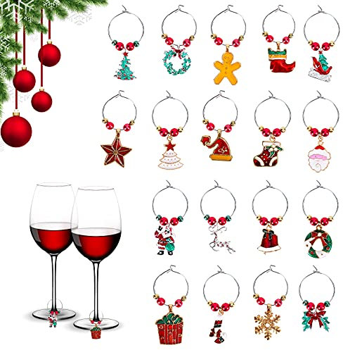 Charms per Bicchieri da Vino di Natale 18 Pezzi Etichette per Bicchieri da Vino Champagne Identificatori per Cocktail Simpatici Pennarelli per Bevande per Calici Accessori per Vino Regali per Hostess