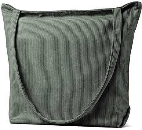 TTIAISHLE Groß Cord Tasche Damen Ultraleicht Umhängetasche mit Reißverschluss,Stofftasche Jutebeutel Tote bag aesthetic,Handtasche Schultertaschen für Alltag, Büro, Schulausflug (Dunkelgrün)