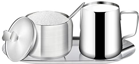 Worldity Set di lattiera e zuccheriera in acciaio inox, set da caffè per servire, tazza per latte e latte, brocca e zuccheriera con coperchio per bar