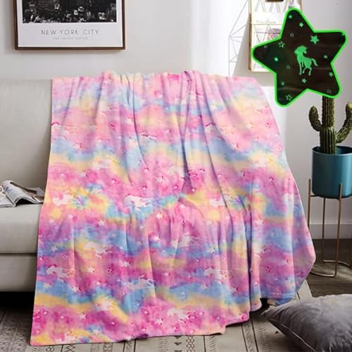HZVRTN Kuscheldecke Kinder Einhorn/Dinosaurier/Weltraum Decke, kuscheldecke leuchtet im Dunkeln, warme Decke Flauschige Geschenke für Jungs mädchen Sofa Kinderdecke (Einhorn B, 150x200cm)
