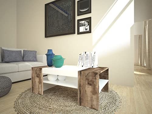möbelando Couchtisch Kaffeetisch Sofatisch Beistelltisch Wohnzimmer Tisch Cesena I Weiß-Hochglanz/Ahorn