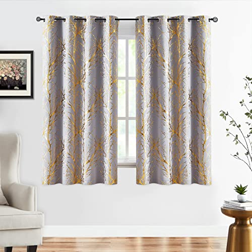 FMFUNCTEX Grau Gold Blickdichte Vorhänge Metallic Zweig Muster Verdunkelungsvorhänge mit Ösen Thermovorhang Hitzeschutz Gardinen für Wohnzimmer Schlafzimmer 2er Set, 175 x 132 cm (H x B)