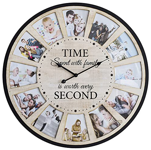 JUMBO HUMBLE 12 Photo Collage Rustic Wood Farmhouse Wall Clock, Large Family Picture Wall Clock for Living Room, Home, Kitchen, Silent Battery Powered 24 Inch Natural