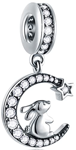 Kaninchen Charms auf der Mondsichel Anhänger, fit Pandora Ostern Tag Armband, 925 Sterling Silber charm Rabbit Hase mit Sparkly CZ Tier Perlen, Haustier Geschenk für Nichte/Schwester/Weihnachten