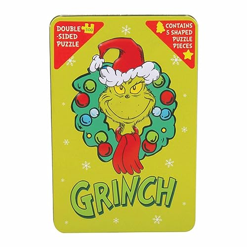 The Grinch Double Sided Jigsaw Puzzle in a Tin. The Grinch 500 Piece Christmas Jigsaw in Embossed Tin. Officially Licensed The Grinch Merchandise.
