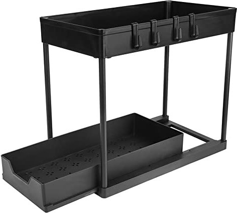 MINGYI Rangement sous Évier à 2 Niveaux, avec Tiroir Coulissant et 4 Crochets, Étagères à Épices, Étagère Rangement pour Cuisine, Bureau, Salle de Bain (Noir, 40×22×30,5 cm)