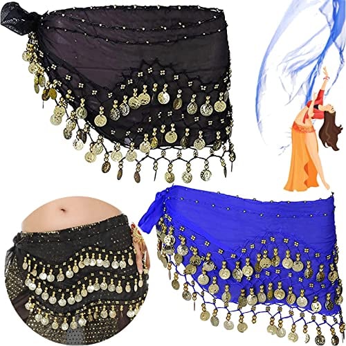 Benaton 2 Stück Chiffon Hüfttuch Bauchtanz Gürtel Bauchtanz, Kostüm Hüfttuch mit Münzen Gürtel Röcke, Gürtel Orientalischer Tanz Damen, Belly Dance Seide Schal Pailletten, ca.150cm lang(Schwarz,Blau)