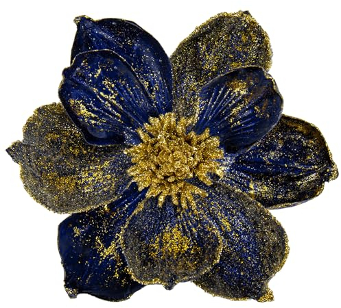 Briful 4-Pack 8 Glitter Magnolia Artificial Flower Stem Large Magnolia Navy Blue Artificial Flowers for Christmas Tree Decorations Artificial Christmas Flowers for Xmas Decorations
