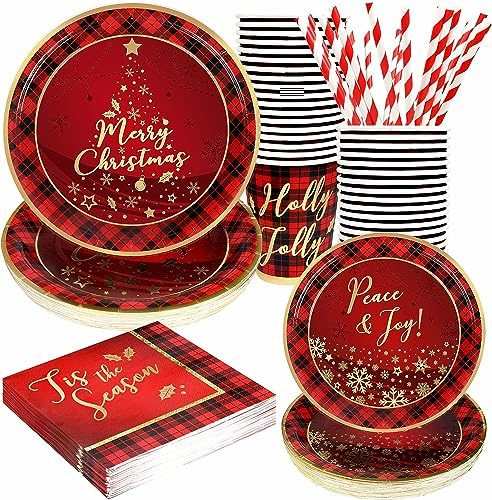 LATERN 120 Piezas Vajilla de Papel para Fiestas Navideñas, 24 x 9 Pulgadas Platos de Comida, 24 x 7 Pulgadas Platos de Ensalada, 24 x 270ml Tazas, 24 x Servilletas, 24 x Pajitas Reutilizables