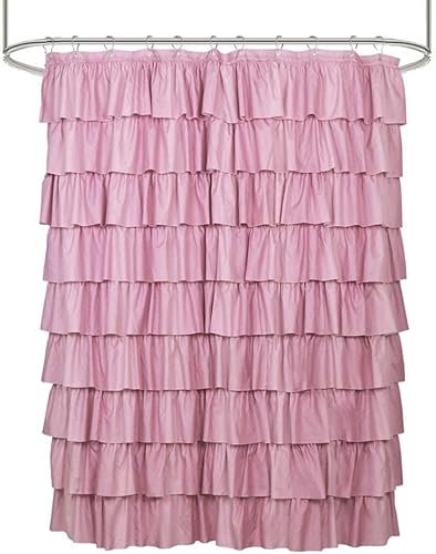 NeBaee Farmhouse weiße Rüschen-Duschvorhänge, Shabby-Chic-Vorhang-Set für Badezimmer, dekorativ, 183 x 183 cm, lang (Rosa)