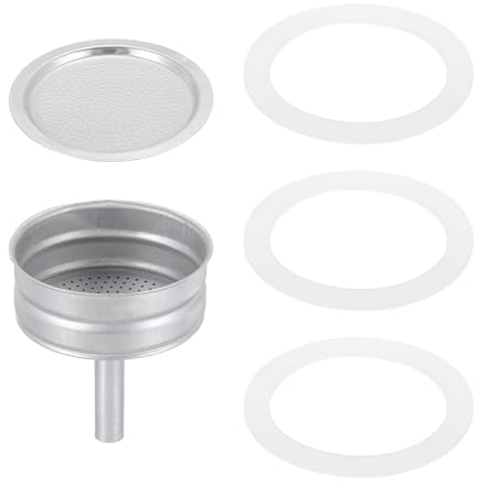QUARKZMAN Pièces de Rechange pour Cafetière Italienne en Aluminium Avec 1 Filtre et 3 Joints D'Étanchéité en Silicone, 1 Entonnoir de 64x53x3,5 mm pour Cafetière Moka 6 Tasses (Argent)