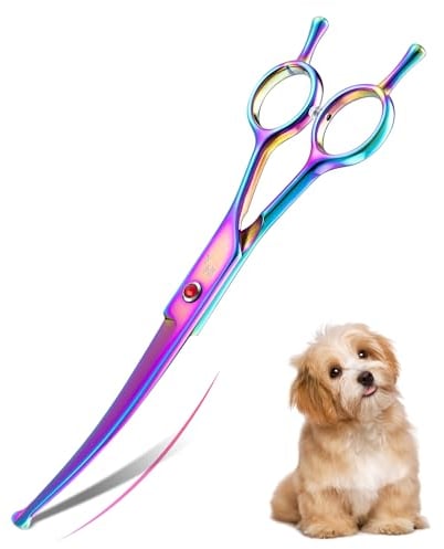 DRGSKL Gebogene Hundepflegeschere Professionelle Sichere Runde Spitzen Haustier Fellschere Pflegeschere für Hund Katze Japanischer Edelstahl 440C Regenbogen