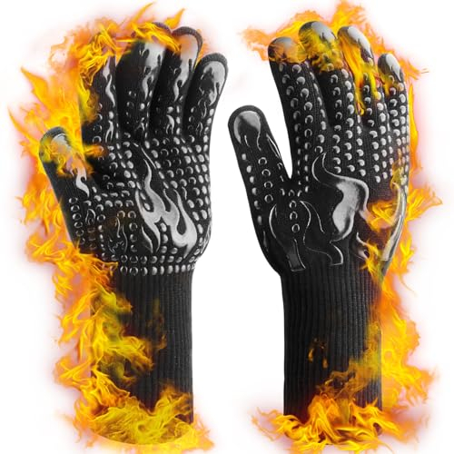 Herreicher Gants de Barbecue Gants de Four - Résistant à la Chaleur 800°C Gants en Cuir de Gril Gants de Cuisson en Silicone Antidérapants pour la Cuisson BBQ Cheminée (XS-XXL Universel)