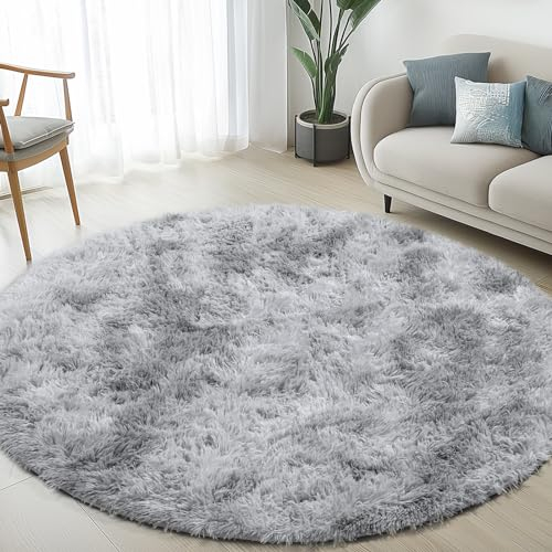 Sour Lemon Wohnzimmerteppiche, 160 x 160 cm, Grauer runder Teppich für Schlafzimmer, waschbarer, Rutschfester, Flauschiger Teppich, zottelige, weiche Teppiche, Matte für Kinder, Flur, Wohnzimmer