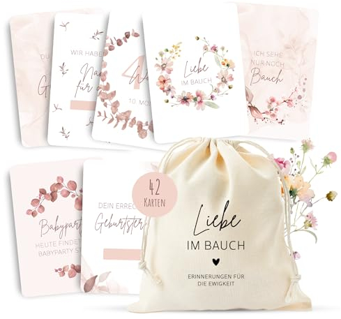 MeinBaby123® Meilensteinkarten Schwangerschaft | Meilenstein Karten Set Geschenk zur Schwangerschaft | Fotokarten für die Schwangerschaft | 42 Karten Inkl. hochwertigem Baumwollsäckchen (rosa)