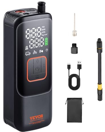 VEVOR Inflador de Neumáticos de Coche 4000 mAh, Compresor de Aire Portátil Recargable 10,3 Bar, Apagado Automático con Manómetro LCD, Lámpara LED, Bomba Eléctrica para Bicicleta, Coches, Motocicletas