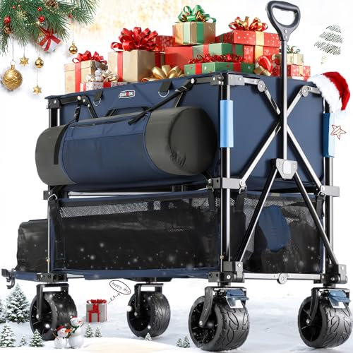 Overmont Doppeldecker Bollerwagen Faltbar 400I - Klappbar mit Geländegängige Breite Räder - 132cm extra Lange Verlängerung - bis 200kg Tragkraft - für Camping Sport Einkaufen Garten Strand Blau