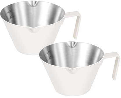 carrottimes 2Pcs Stainless Steel Espresso Cups, Espresso Shots Cup with Handle, Double Spout Metal Espresso Measuring Cup, V-Shaped Mouth Coffee Cup with Dual Scale (White), 3.4oz/100ml