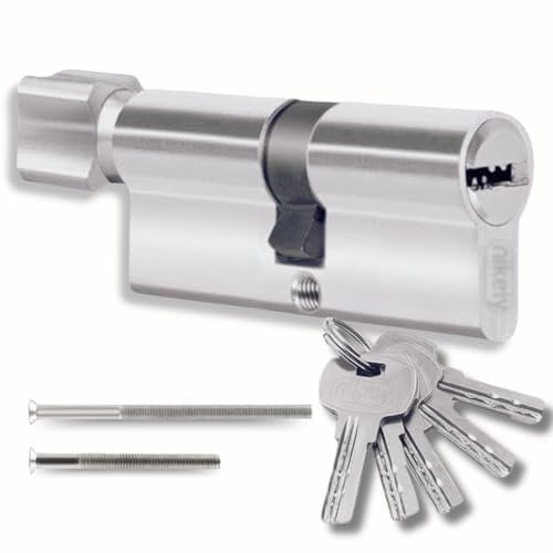 Cylindre pour serrures 40/40 mm avec 5 clés simples, cylindre profilé avec bouton, set avec deux vis montable facilement, serrure pour porte et garage, longueur 80 mm