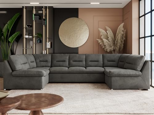 MKS MEBLE Sofa XXL U-Form Grau, Wohnlandschaft Mit Schlaffunktion, Schlafsofa Mit Topper, Wohnzimmer Couch - Comodo U - Dunkelgrau Velvet