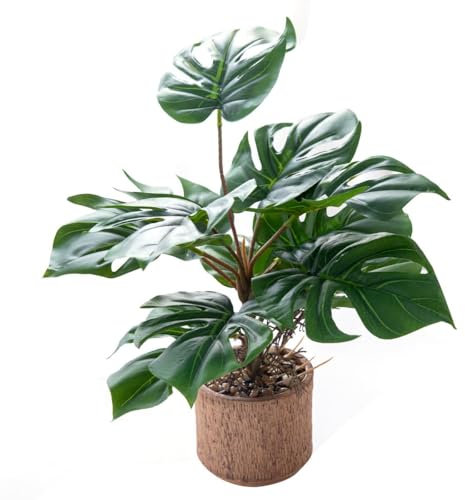 Giftale 12.6 Fake Plant with Rustic Ceramic Vase, Faux Monstera Plant Indoor, Realistic Looking Small Artificial Farmhouse Plant, Medium Artificial Plants Bathroom Kitchen Housewarming Gift