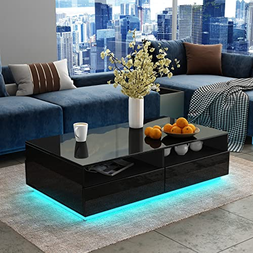 Couchtisch mit 4 Schubladen 2 Offene Fächer All Hochglanz Kaffeetisch Couchtisch mit Lagerung Rechteck Wohnzimmermöbel 85x55x35cm - Schwarz mit LED Beleuchtung