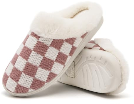 Guyarns Fuzzy Slippers - Women's & Men's Soft Memory Foam Knit House Slippers, Non-slip, Warm Fleece Lined, Checkered Indoor/Outdoor (Pink, 7/8 UK)