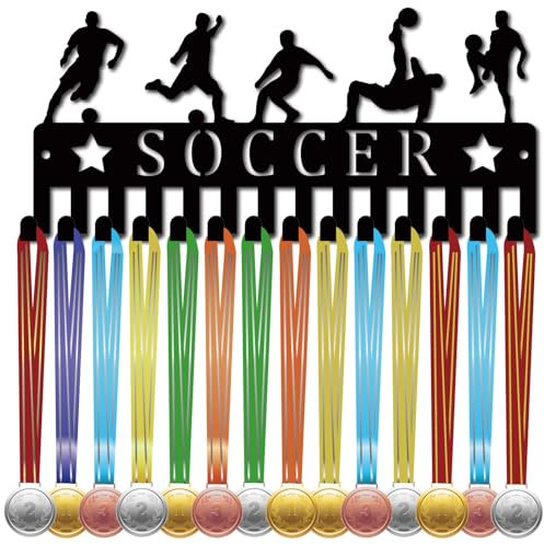 CREATCABIN Porta Medaglie Calcio Appendiabiti Espositore Medaglie Organizzatore Scaffale Piccolo in Metallo Porta Medaglie Calcio Stand Cornice Decor Montaggio Parete Appeso 14 Gancio Atleta 29x13cm