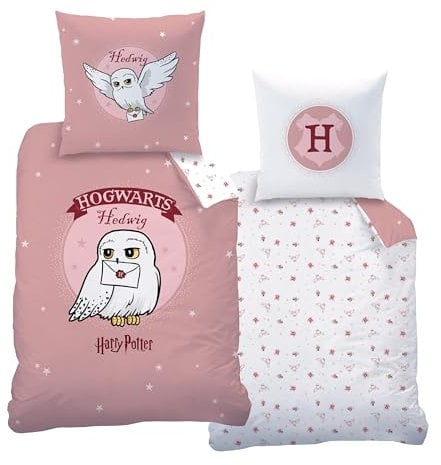 Bettwäsche 135x200 Flanell, Biber Harry Potter Eule Hedwig, kuschelig weich für Herbst & Winter, Kissenbezug 80x80 + Bettbezug 135x200, 100% Baumwolle, Hogwarts in Rosa
