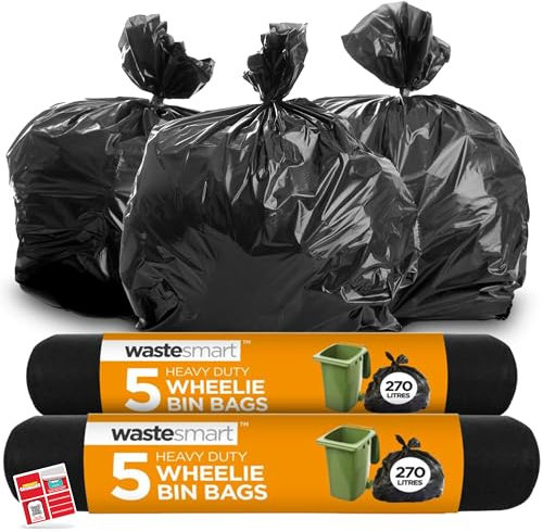 SOL 10pk Heavy Duty Wheelie Bin Bags, 270l Extra Strong Wheelie Bin Liners for Large Bins, Leak-Proof, Tear-Resistant & Durable Black Bin Bags Designed to Handle Heavy Load Wate, Large Capacity