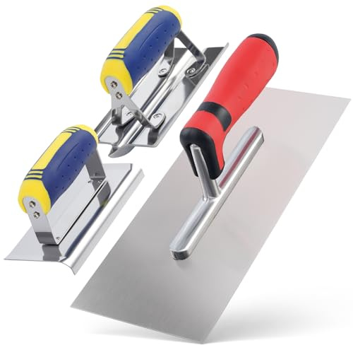 Lot de 3 outils à main en acier indolore pour béton, truelle de finition plate (27,9 x 10,2 cm), bordure à main en béton (15,2 x 7,6 cm) et rainureuse (17,8 x 7,6 cm) avec poignée douce, plâtre,