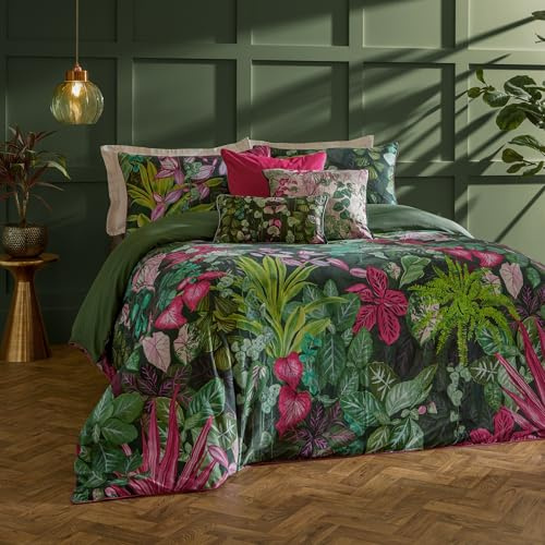 Paoletti Veadeiros Bettbezug Set – Wendbare Botanische Aquarell Dschungel Mit Paspelrand Luxus Bettwäsche (Rosa/Grün – Super King – 260x220cm)