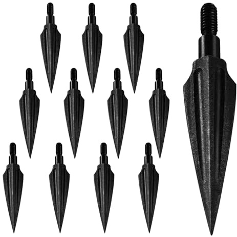 KURUGEILI 12 Pack 100/125/150 Körner Bogenschießen Traditionelle Breitköpfe Stahlpunkte Schraub-in Jagd Pfeilköpfe Pfeilspitze für Compound, Recurve Bogen & Crossbow