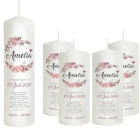 Liamoria® Taufkerze Mädchen mit Name und Datum mit Blumen in Rosa 25 cm - Modell Amelia - Personalisierte Kerze zur Taufe (mit 4 Patenkerzen)